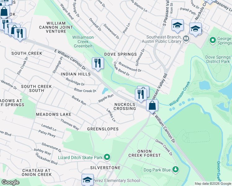map of restaurants, bars, coffee shops, grocery stores, and more near 6601 Ripple Run in Austin