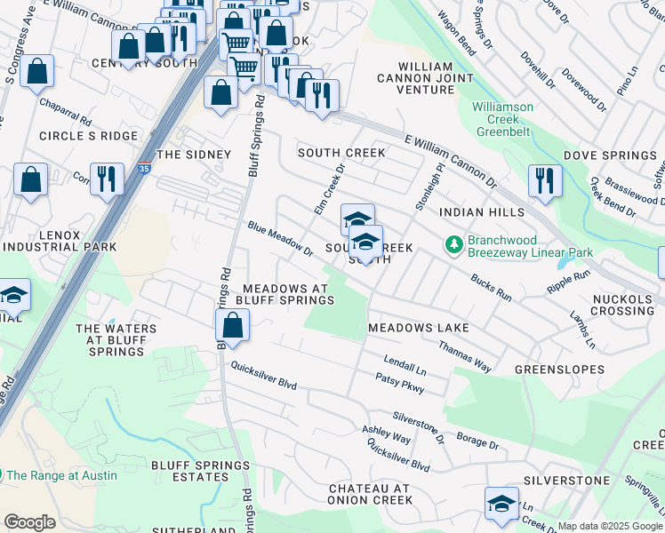map of restaurants, bars, coffee shops, grocery stores, and more near 2205 Blue Meadow Drive in Austin