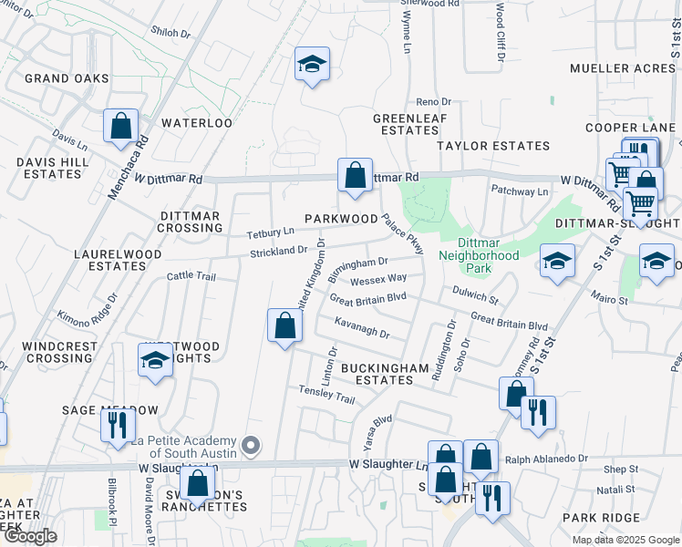 map of restaurants, bars, coffee shops, grocery stores, and more near 1016 Wessex Way in Austin