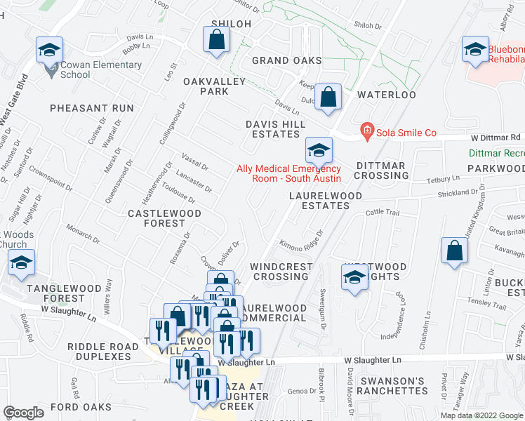 map of restaurants, bars, coffee shops, grocery stores, and more near 9107 Sedgemoor Trail in Austin