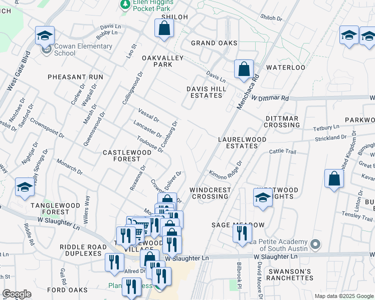map of restaurants, bars, coffee shops, grocery stores, and more near 9107 Sedgemoor Trail in Austin