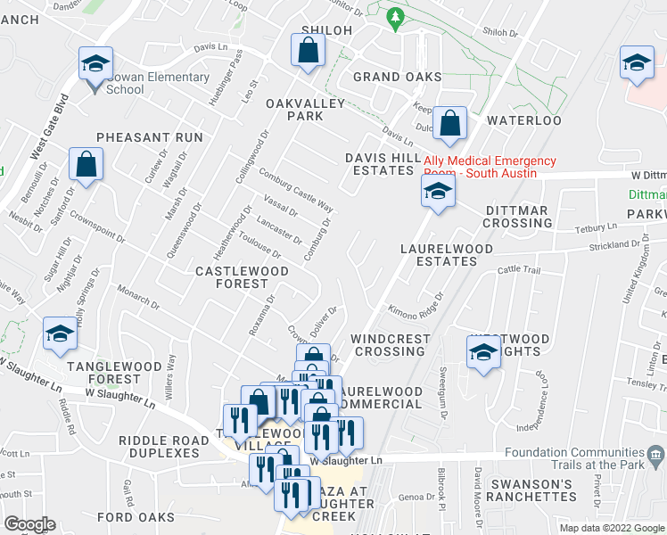 map of restaurants, bars, coffee shops, grocery stores, and more near 9201 Kempler Drive in Austin
