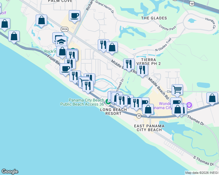 map of restaurants, bars, coffee shops, grocery stores, and more near 238 Grande Island Boulevard in Panama City Beach