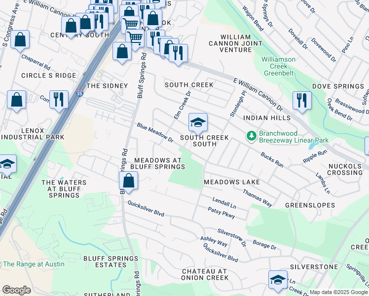 map of restaurants, bars, coffee shops, grocery stores, and more near 2206 Blue Meadow Drive in Austin