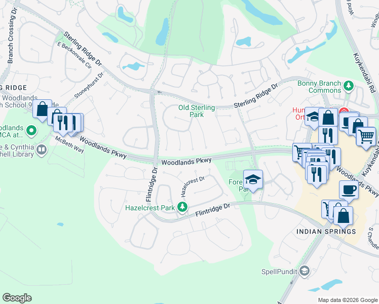 map of restaurants, bars, coffee shops, grocery stores, and more near 2 Stanwick Place in Spring