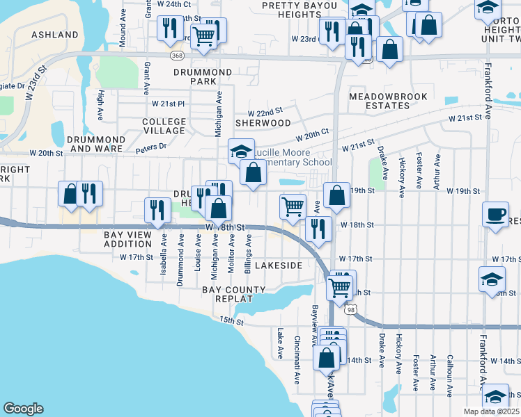 map of restaurants, bars, coffee shops, grocery stores, and more near 3415 West 19th Street in Panama City