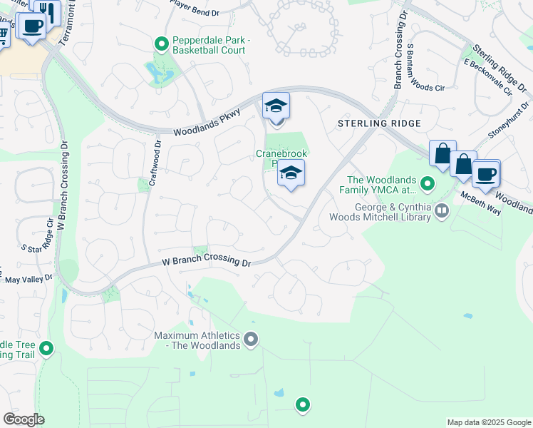 map of restaurants, bars, coffee shops, grocery stores, and more near 3 Beauty Bower Place in The Woodlands