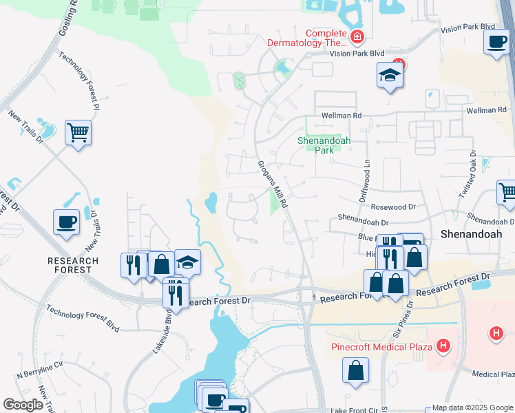 map of restaurants, bars, coffee shops, grocery stores, and more near 68 South Parkgate Circle in Spring