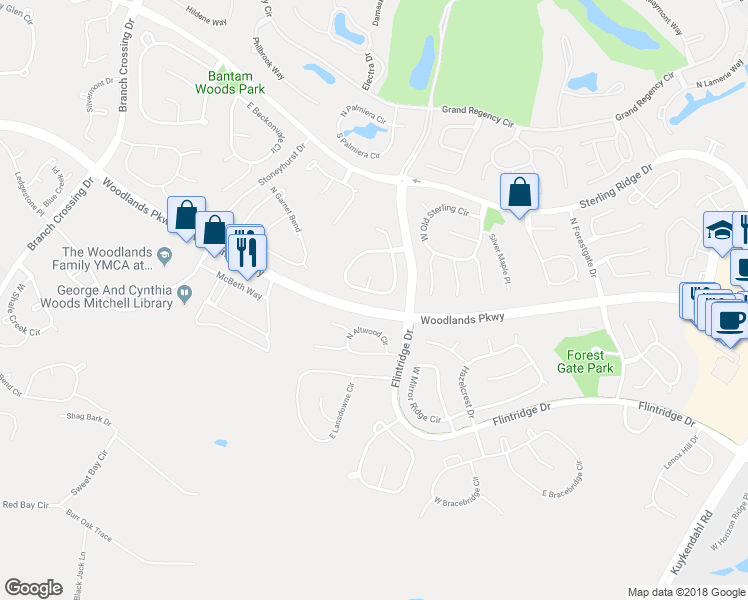 map of restaurants, bars, coffee shops, grocery stores, and more near 70 South Longsford Circle in Spring