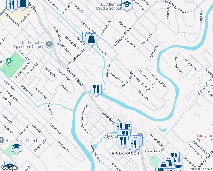map of restaurants, bars, coffee shops, grocery stores, and more near 224 Hidden Grove Place in Lafayette