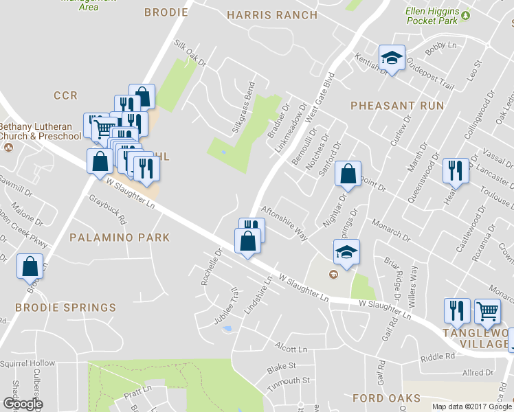 map of restaurants, bars, coffee shops, grocery stores, and more near W Gate Blvd & Aftonshire Way in Austin