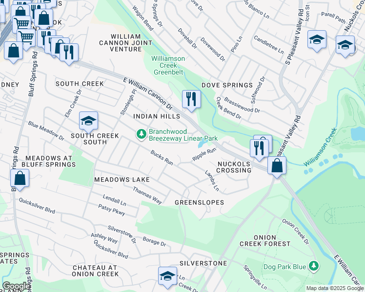 map of restaurants, bars, coffee shops, grocery stores, and more near 2517 Bitter Creek Drive in Austin