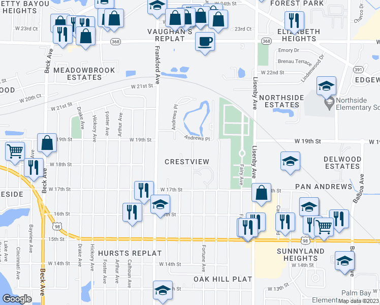 map of restaurants, bars, coffee shops, grocery stores, and more near 1815 Flower Avenue in Panama City