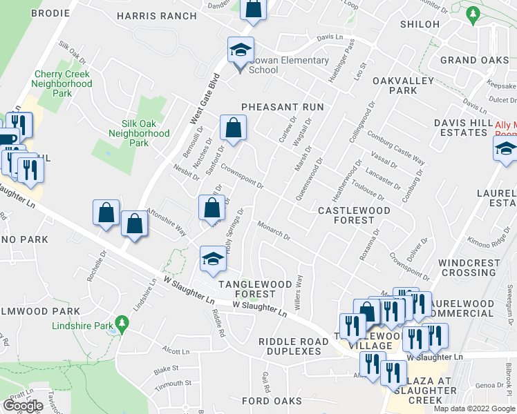 map of restaurants, bars, coffee shops, grocery stores, and more near 9511 Curlew Drive in Austin
