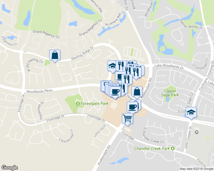 map of restaurants, bars, coffee shops, grocery stores, and more near 7002 Lake Woodlands Drive in Spring