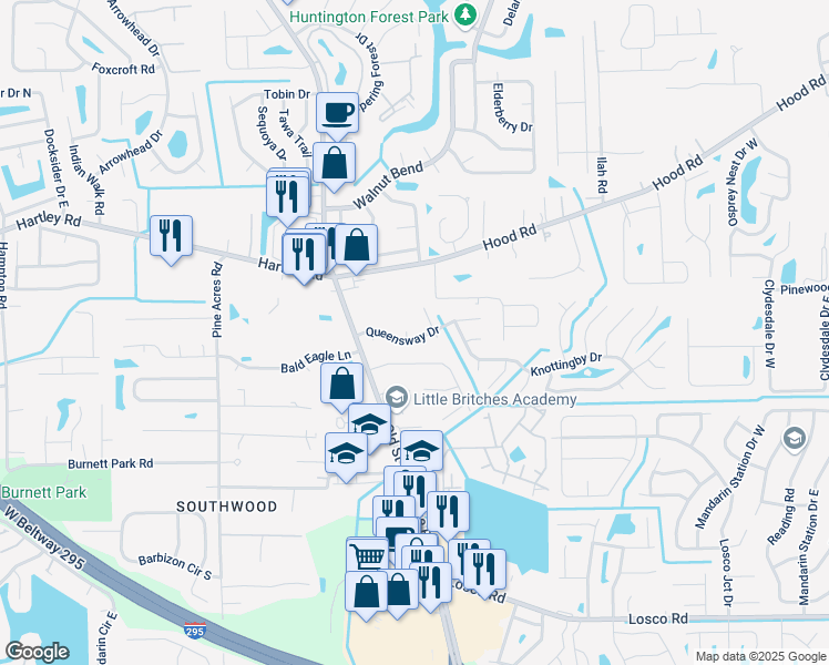 map of restaurants, bars, coffee shops, grocery stores, and more near 4333 Queensway Drive in Jacksonville
