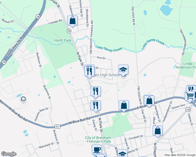 map of restaurants, bars, coffee shops, grocery stores, and more near 204 Laney Street in Brenham