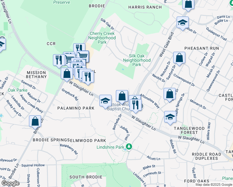 map of restaurants, bars, coffee shops, grocery stores, and more near 3206 West Slaughter Lane in Austin