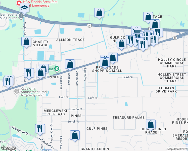 map of restaurants, bars, coffee shops, grocery stores, and more near 2104 Avensong Lane in Panama City Beach