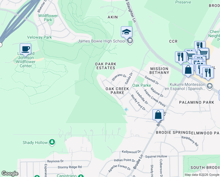 map of restaurants, bars, coffee shops, grocery stores, and more near 4013 Idalia Drive in Austin