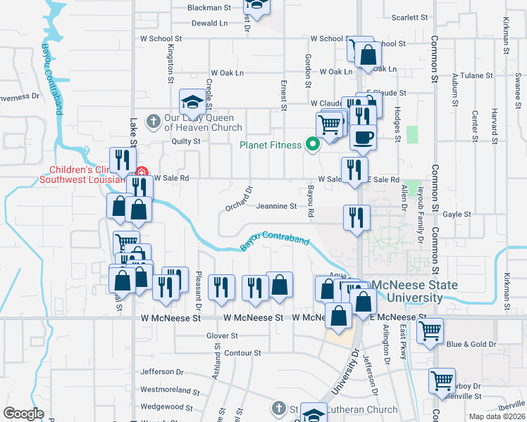 map of restaurants, bars, coffee shops, grocery stores, and more near 320 Orchard Drive in Lake Charles
