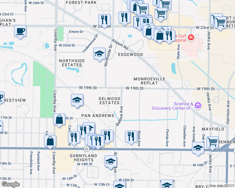 map of restaurants, bars, coffee shops, grocery stores, and more near 1025 19th Street in Panama City