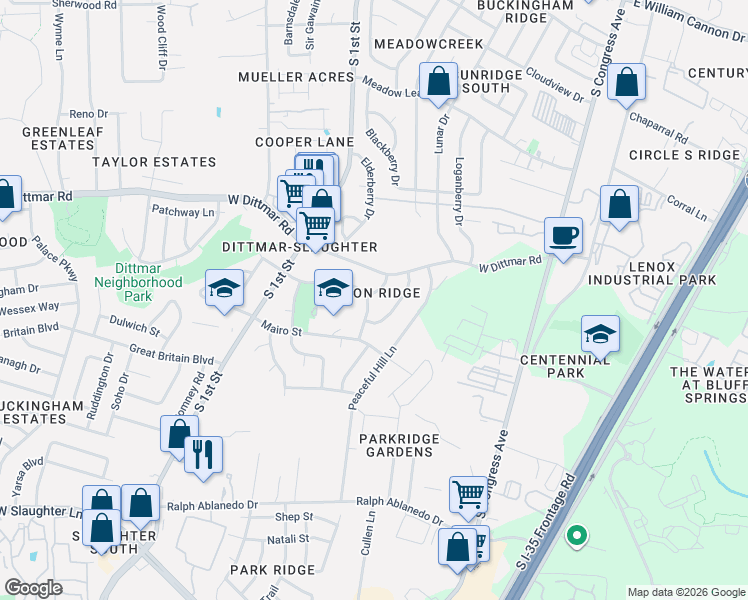 map of restaurants, bars, coffee shops, grocery stores, and more near 410 Blue Valley Drive in Austin