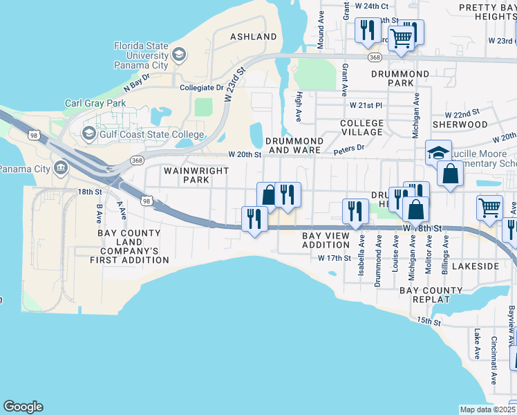 map of restaurants, bars, coffee shops, grocery stores, and more near 4402 U.S. 98 in Panama City