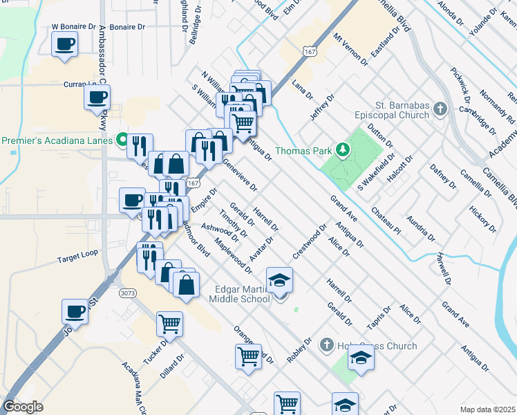 map of restaurants, bars, coffee shops, grocery stores, and more near 306 Harrell Drive in Lafayette