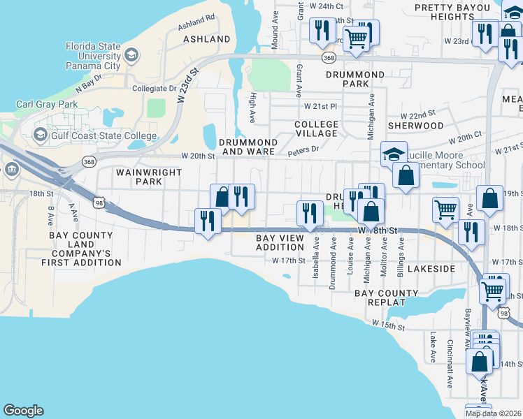 map of restaurants, bars, coffee shops, grocery stores, and more near 1808 Mound Ave in Panama City