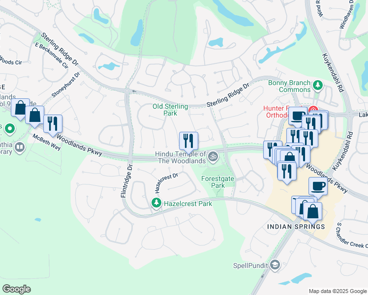map of restaurants, bars, coffee shops, grocery stores, and more near 6 Silver Maple Place in Spring