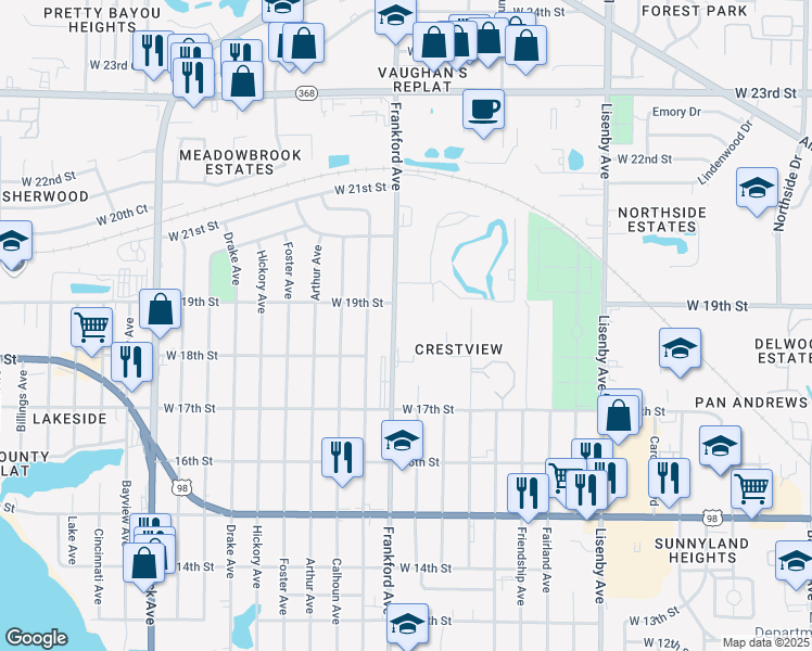 map of restaurants, bars, coffee shops, grocery stores, and more near 1826 Frankford Avenue in Panama City