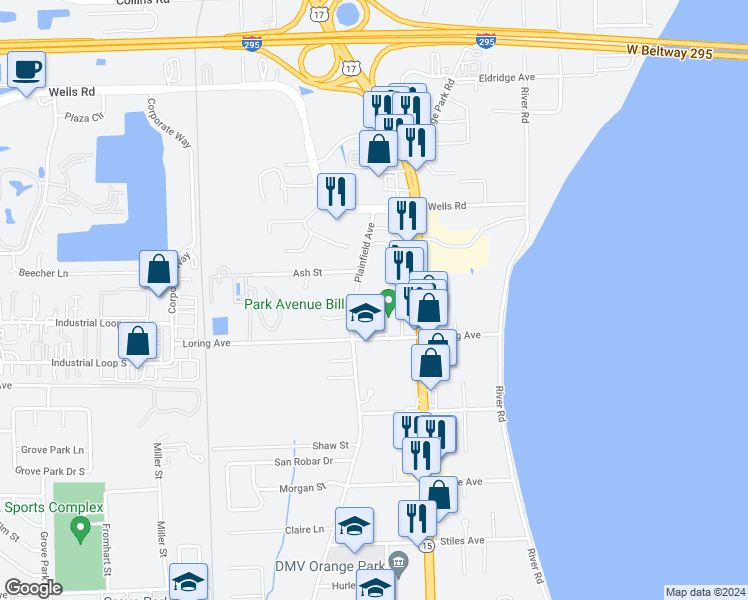 map of restaurants, bars, coffee shops, grocery stores, and more near 476 Newport Drive in Orange Park