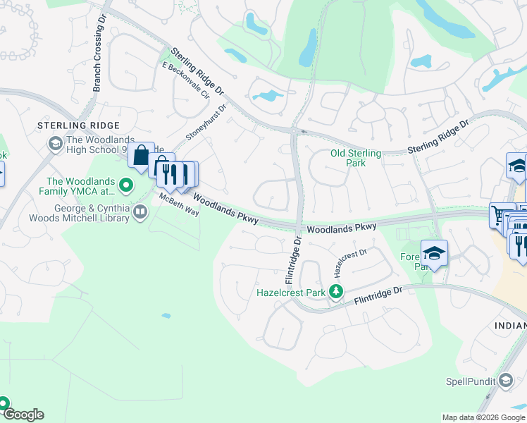 map of restaurants, bars, coffee shops, grocery stores, and more near 54 South Longsford Circle in The Woodlands
