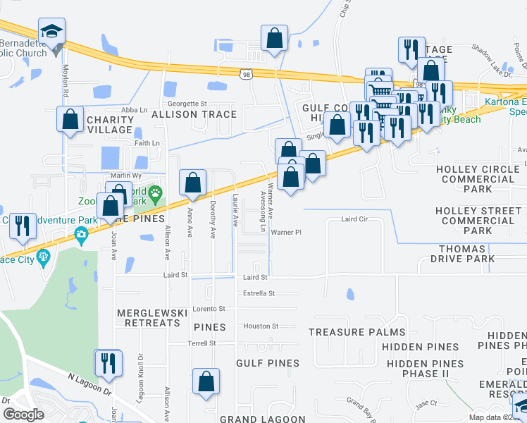 map of restaurants, bars, coffee shops, grocery stores, and more near 2106 Avensong Lane in Panama City