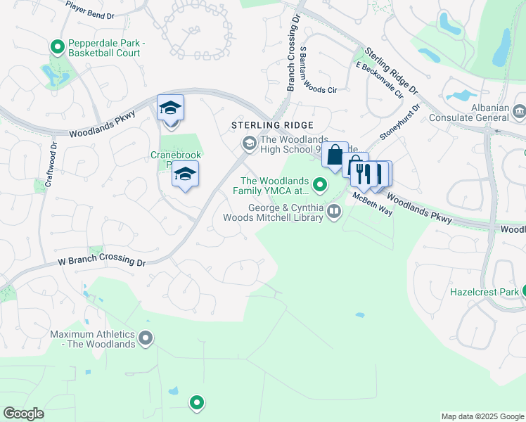 map of restaurants, bars, coffee shops, grocery stores, and more near 31 East Shale Creek Circle in Spring