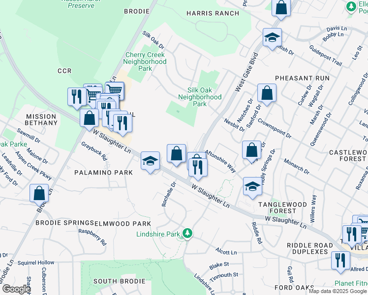 map of restaurants, bars, coffee shops, grocery stores, and more near 3206 West Slaughter Lane in Austin