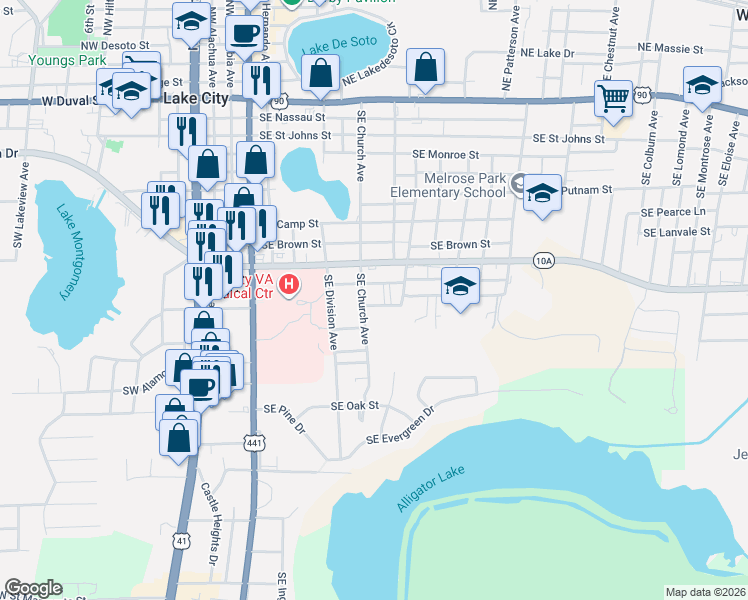 map of restaurants, bars, coffee shops, grocery stores, and more near 641 Southeast Church Avenue in Lake City