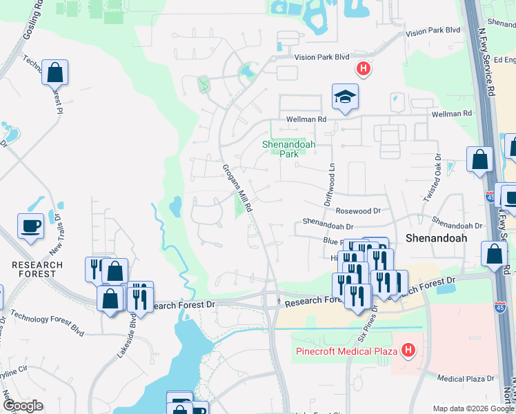 map of restaurants, bars, coffee shops, grocery stores, and more near 75 Cobble Gate Place in Spring