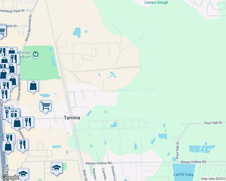 map of restaurants, bars, coffee shops, grocery stores, and more near Broadway Avenue in Conroe