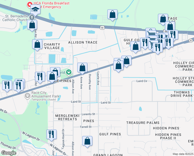 map of restaurants, bars, coffee shops, grocery stores, and more near 2204 Laurie Avenue in Panama City