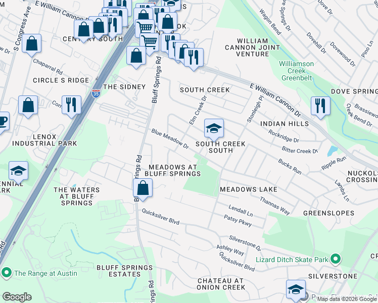 map of restaurants, bars, coffee shops, grocery stores, and more near 2114 Nogales Trail in Austin
