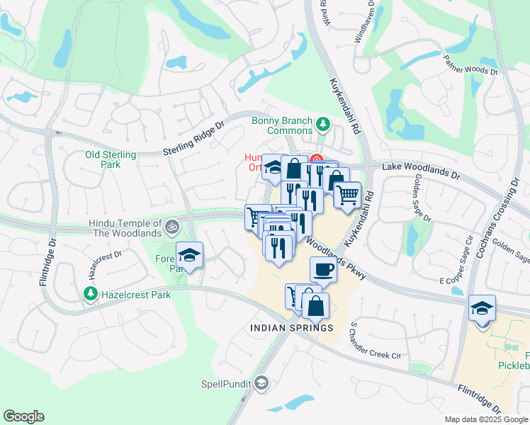 map of restaurants, bars, coffee shops, grocery stores, and more near 6905 Lake Woodlands Drive in Spring