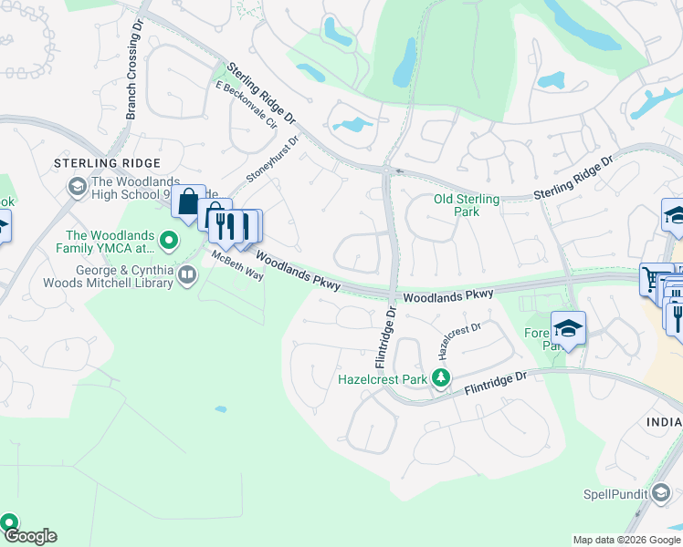 map of restaurants, bars, coffee shops, grocery stores, and more near 54 South Longsford Circle in The Woodlands