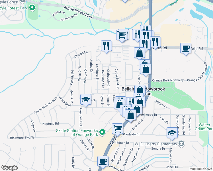 map of restaurants, bars, coffee shops, grocery stores, and more near 472 Crabapple Court in Orange Park