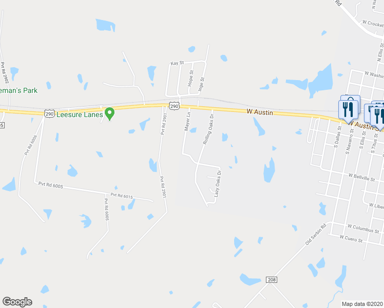 map of restaurants, bars, coffee shops, grocery stores, and more near 7 Oakbend Lane in Giddings