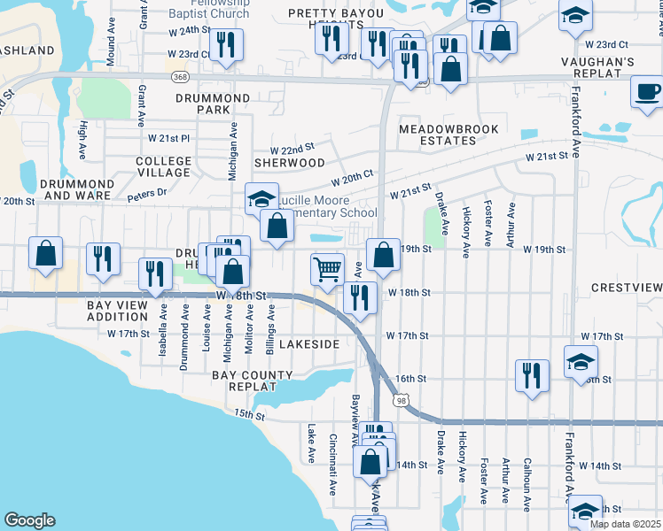 map of restaurants, bars, coffee shops, grocery stores, and more near 1837 Cincinnati Avenue in Panama City
