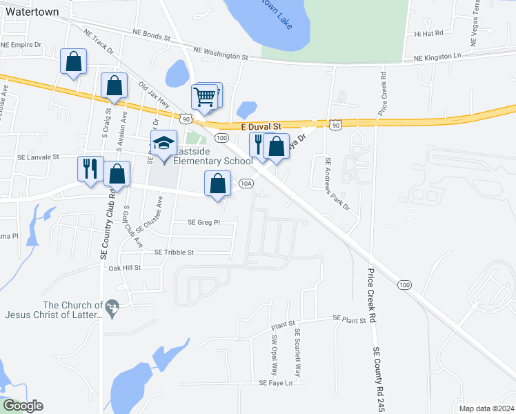 map of restaurants, bars, coffee shops, grocery stores, and more near 121 Southeast Pamela Place in Lake City