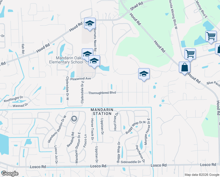 map of restaurants, bars, coffee shops, grocery stores, and more near 5171 Thoroughbred Boulevard in Jacksonville