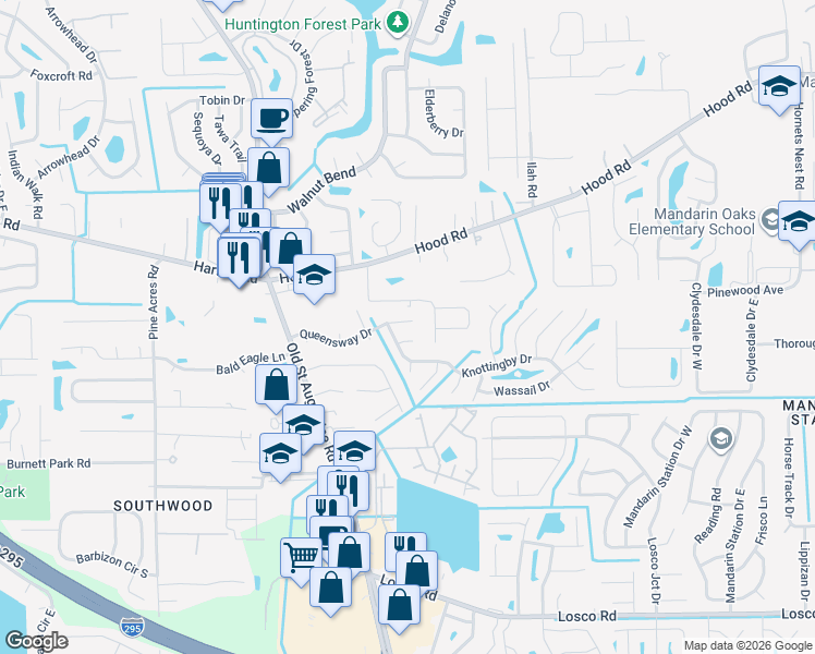 map of restaurants, bars, coffee shops, grocery stores, and more near 4459 Tyne Court in Jacksonville